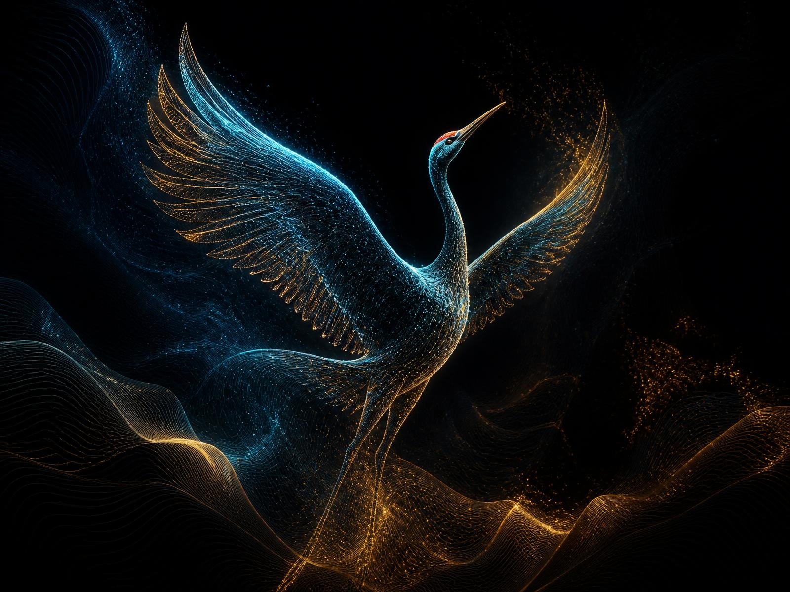 Abstract particle rendering of a crested crane in flight